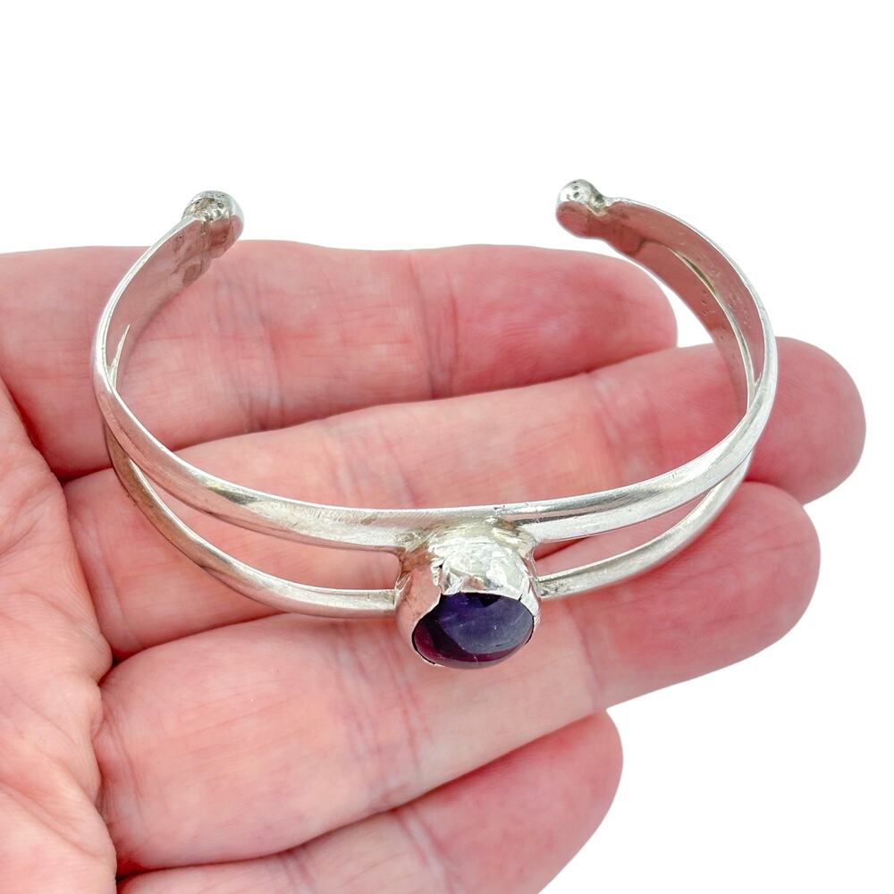 Vintage Sterling Silver 925 Sandcast Amethyst Cuff Bracelet 6.5"